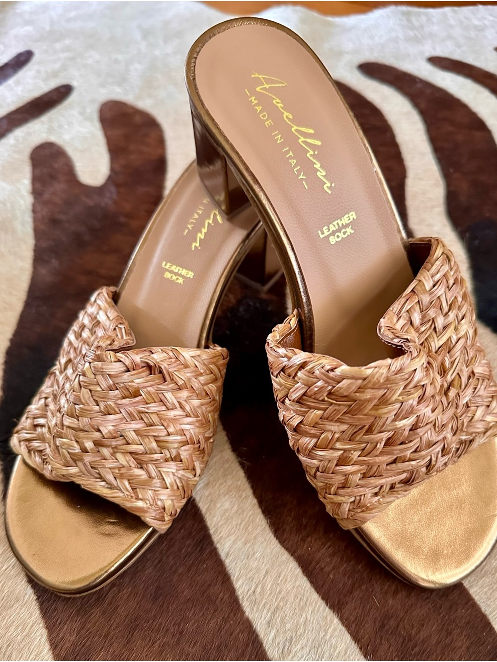 Avellini Italian Woven Leather Slide Heels in Tan and bronze